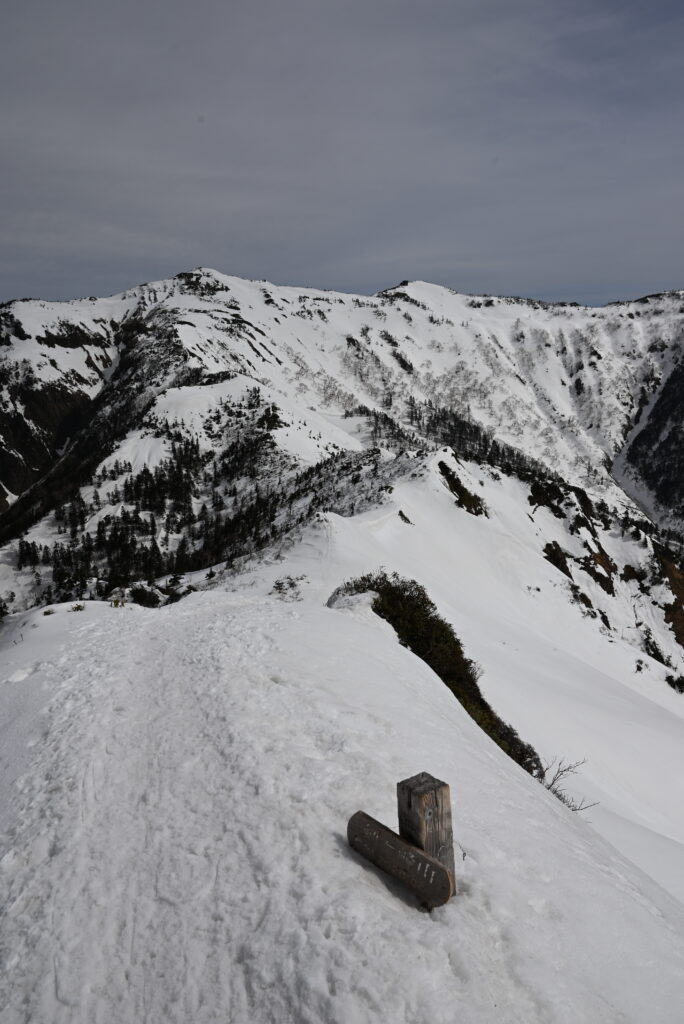 剣ガ峰山頂から武尊山を望む　剣ガ峰山頂は雪に覆われていました。幅が約1mの雪道が付いていました。