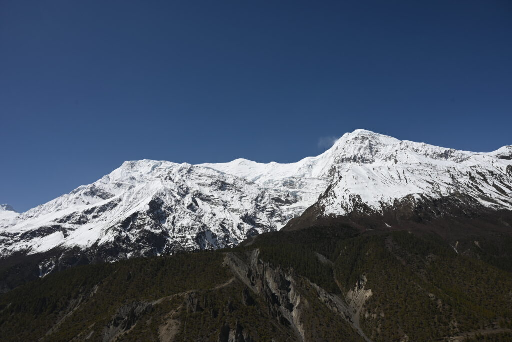 テンギを過ぎてから、ガンガプルナ（右）の左にアンナプルナⅢ峰（白いピーク）が見えだした。